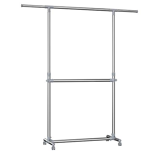 SONGMICS Perchero Barra para Colgar Ropa, con Ruedas, Altura Ajustable, 113cm-198cm LLR401