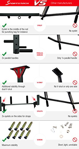 Sportstech Barra de dominadas para Techo 4en1 KS400, 3 Ranuras para TRX & Bolsa de Boxeo, 6 empuñaduras Antideslizantes, Muy Estable, Montaje en Techo, fijación y 8 Resistentes Tacos