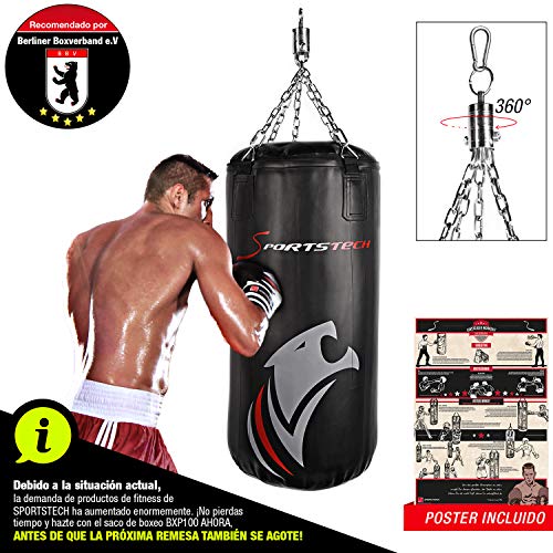 Sportstech Saco de Boxeo Profesional.Fijación de 360 Incluye póster de Entrenamiento;Nuestro BXP está Recomendado por la Asociación de Boxeo de Berlín,Ideal para Kick Boxing y Boxeo (100x40cm)