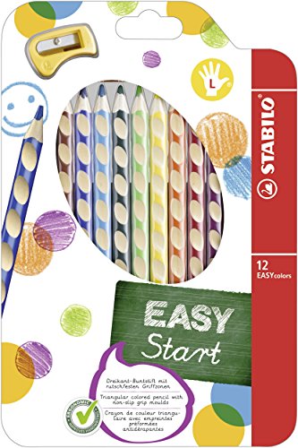 STABILO EASYcolors START - Lápiz de color ergonómico - Modelo para ZURDOS - Estuche con 12 colores y 1 sacapuntas