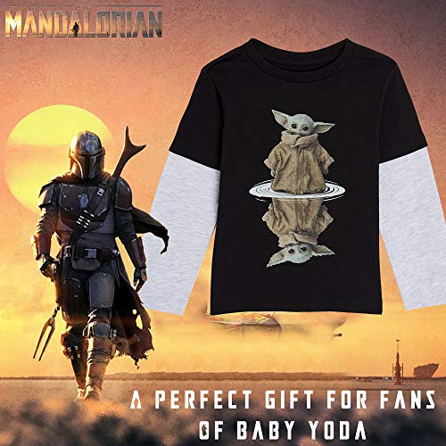 Star Wars Camiseta Niño, Camisetas Niño de Manga Larga Gris y Negra, con Baby Yoda The Mandalorian The Child, Ropa Niño, Regalos para Niños y Adolescentes (9-10 años)