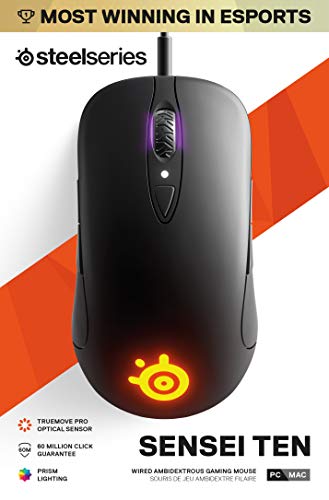 SteelSeries Sensei Ten - Ratón de Juego, Sensor óptico TrueMove Pro de 18 000 CPI, Diseño ambidiestro, 8 Botones programables, Cableado, Negro