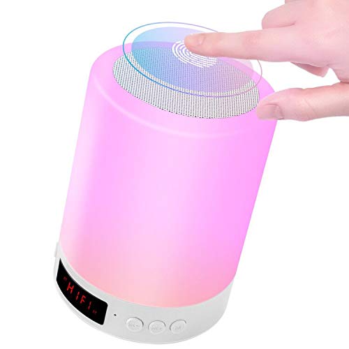 StillCool Lámpara de Noche Altavoz Bluetooth, Luz Nocturna Altavoz Bluetooth y Música Sensor Táctil con 7 Colores Alarma Reloj Mango y USB Recargable para Leer Acampada y Fiesta - Blanco