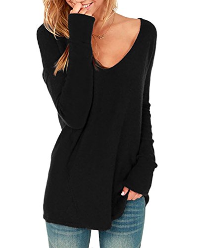 Style Dome Jerseys Mujer Largos Cuello V Manga Sudadera Casual Tops Blusa Camiseta Pull-Over Suéter Negro S