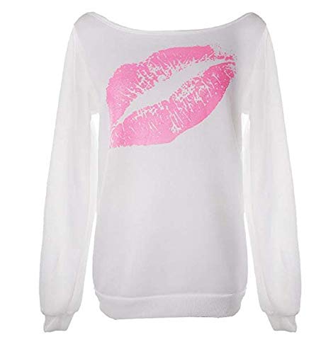 Sudadera Mujer Malla Labios Beso Boca Mujer niña Color Blanco Escote Barco Manga Larga Sexy - Talla XXL