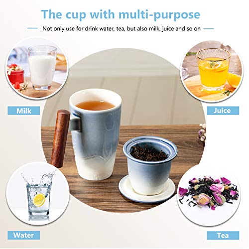 SULIVES Taza de Te Porcelana Mug Infusión con Filtro y Tapa Mango de madera 400ml (azul)