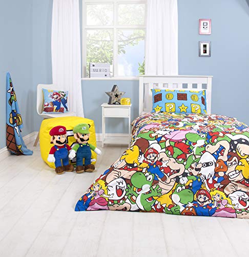 Super Mario Gang - Funda de edredón para Cama Individual, Reversible de Dos Caras Oficial Mario con Funda de Almohada a Juego