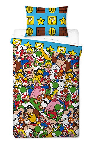 Super Mario Gang - Funda de edredón para Cama Individual, Reversible de Dos Caras Oficial Mario con Funda de Almohada a Juego