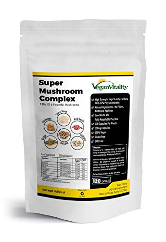 Suplemento de 6 Hongos – Reishi, Melena de León, Cordyceps, Chaga, Shitake y Maitake. 120 Cápsulas. 500mg Por Cápsula. Fórmula de Alta Resistencia para el Apoyo del Sistema Inmunológico y Bienestar