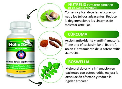 Suplemento natural para dolores en las articulaciones con cúrcuma, boswelia, extracto proteico del caracol y vitamina C para la formación del colágeno - Sin lactosa, sin gluten (30 cápsulas)