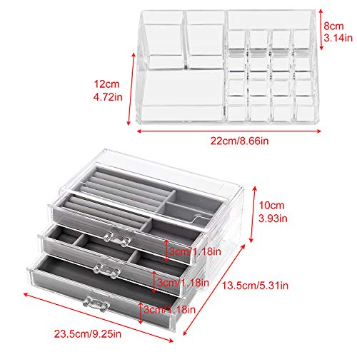 SWAWIS Cosméticos Joyería Organizador de 3 Cajones + Caja de Pintalabios Organizador de Maquillaje Acríplico para Aretes, Brazaletes y Collares