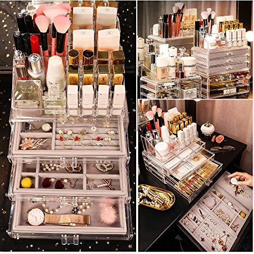 SWAWIS Cosméticos Joyería Organizador de 3 Cajones + Caja de Pintalabios Organizador de Maquillaje Acríplico para Aretes, Brazaletes y Collares