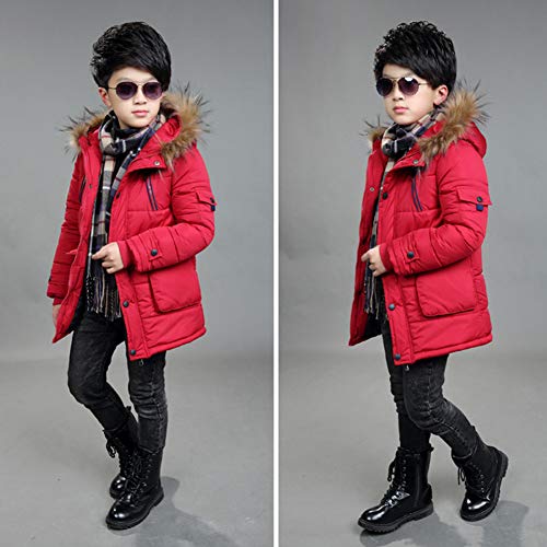 SXSHUN Niños Chaqueta de Invierno con 2 Cremalleras Abrigo Acolchado con Capucha de Pelo, Rojo, 9-10 años (Etiqueta: 140cm)