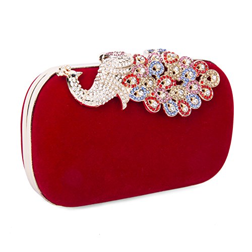 SYMALL Mujer Cartera de Mano Terciopelo con Diamantes Cristales Brillantes Pavo Real Encaje Mini Bolso Retro Elegante Dulce Clutch Pequeño de Fiesta para Mujer Vintage, Rojo