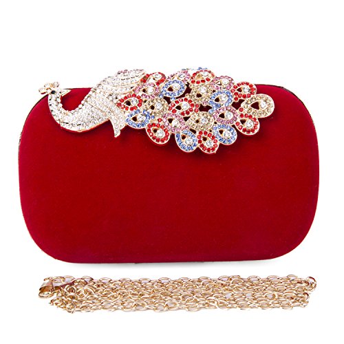 SYMALL Mujer Cartera de Mano Terciopelo con Diamantes Cristales Brillantes Pavo Real Encaje Mini Bolso Retro Elegante Dulce Clutch Pequeño de Fiesta para Mujer Vintage, Rojo