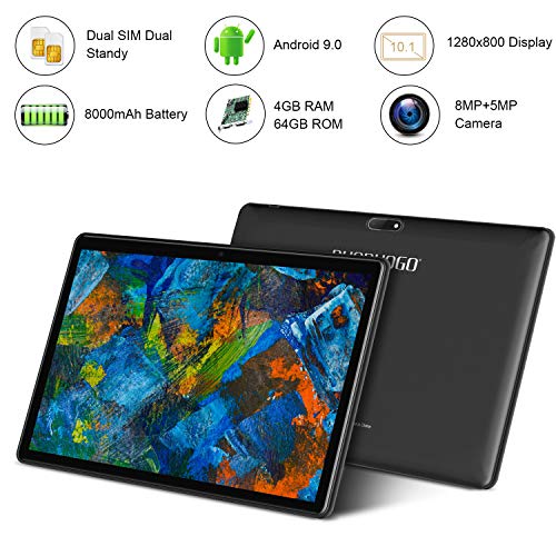 Tablet 10 Pulgadas 4G FHD 64GB de ROM 4GB de RAM Android 9.0 Certificado por Google GMS Tablet PC Procesador de Quad Core Batería 8500mAh Dual SIM 8MP Cámara WiFi,Bluetooth,GPS,OTG(Negro)