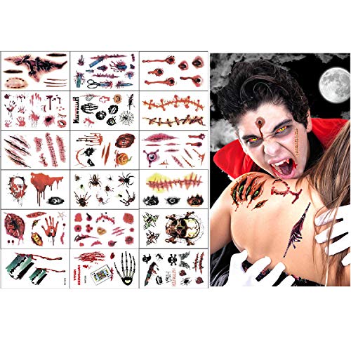 Tatuajes de cicatrices de Halloween, 18 hojas de terror realista, falso tatuaje temporal de heridas de sangre, kit de maquillaje de zombies, para Halloween Cos play Party (Tatuajes de zombies)