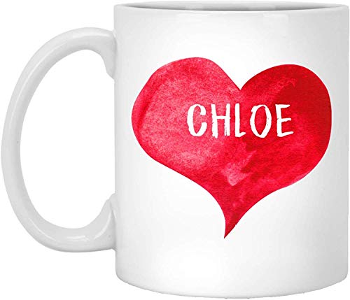 Taza de té, color blanco, I Love Chloe con forma de corazón, taza de café personalizada, 325 ml, nombre personalizado, taza de regalo