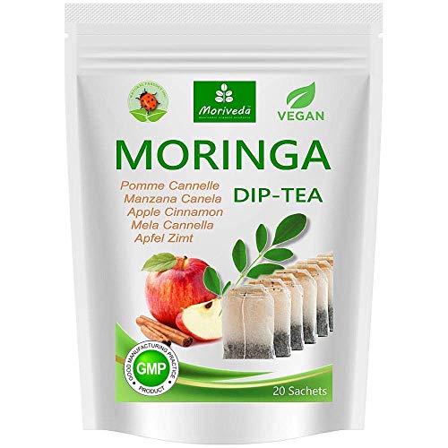 Té de Moringa 100% natural y vegano (opcionalmente Moringa-mezcla de hojas, manzana-canela, granada, jengibre, menta). 1A Calidad (20 bolsitas de té Moringa-Manzana-Canela)