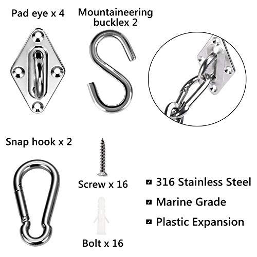 TedGem Kit de Montaje para Toldo, toldo fijación accesorios 42Pcs 304 Acero Inoxidable Kit (ojales de almohadill, mosquetón, hebillas, S forma gancho, tornillos, Pernos) para Montaje para Toldo