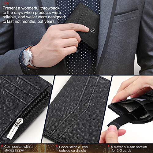 TEEHON Carteras Hombre, Billetera Hombre, Cartera RFID con 10 Ranuras para Tarjetas (Incluye Tarjeta Bump&Correa de Extracción Inteligente), 2 Ranuras para Billetes, 1 Bolsillo con Cremallera - Negro