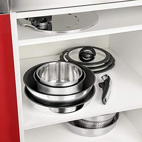 Tefal - Juego de 15 piezas, de aluminio, sartenes de 22, 24 y 26 cm, cazos de 16, 18 y 20 cm, 3 tapas , 1 tapas inox, 2 espátulas y 2 mangos intercambiables