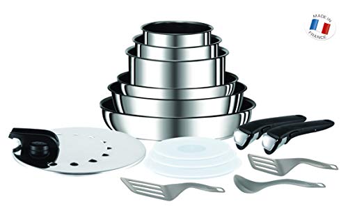 Tefal - Juego de 15 piezas, de aluminio, sartenes de 22, 24 y 26 cm, cazos de 16, 18 y 20 cm, 3 tapas , 1 tapas inox, 2 espátulas y 2 mangos intercambiables