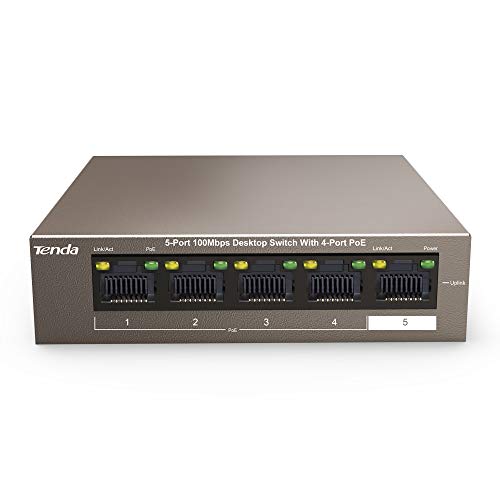 Tenda TEF1105P Ethernet PoE Switch 5-Port 10/100 Mbps, 4 Puertos PoE, no Configuración,Tipo Desktop