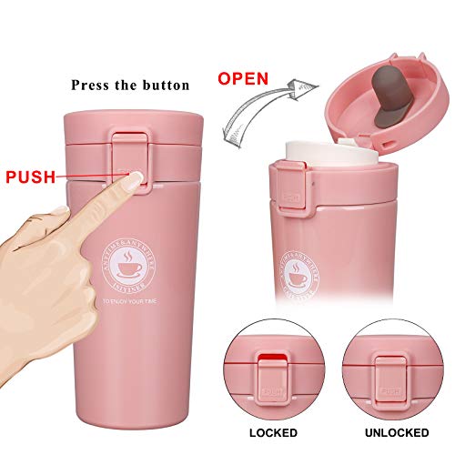 Termo,Termo de Café para Llevar de Acero Inoxidable Vaso Termico Prueba de Fugas Taza de Café Térmica Sin BPA para Coche Oficina Viaje 380ML Rosado