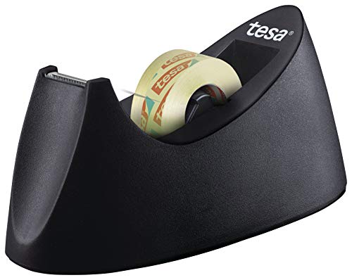 tesa 53918 Dispensador de Mesa Easy Cut Curve-Antideslizante, manejo Sencillo, Corte Limpio, Incl. 1 10 u opcionalmente 8 Rollos de tesafilm Transparente de 33 m:19 mm, Negro, 33M:19Mm