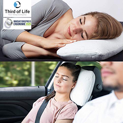 Third of Life Almohada de Viaje Volar | Cojín Ergonómico de Espuma Viscoelástica | Funda con Termorregulación Viajar en Tren, Avión y Coche o para una Siesta en el Sofá de Casa | 40x25x10cm