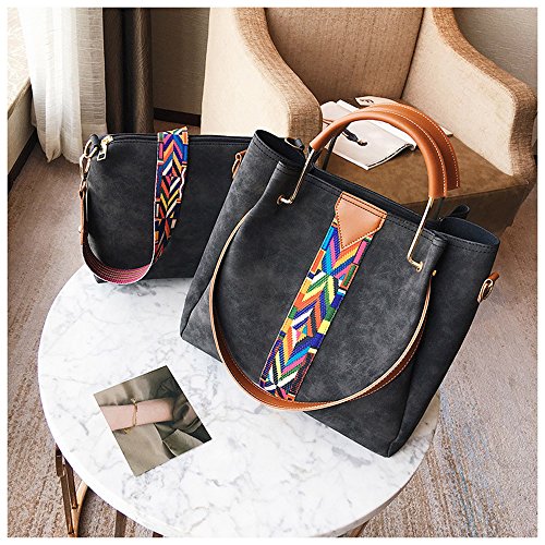 TIBES Bolso mujeres Monedero cuero sintético bolso sistema 2pcs Bolso de hombro vintage Bolsa de trabajo Negro