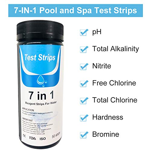 Tiras De Analisis De Agua,Test Agua Acuario,Tiras Reactivas Ppara Piscina,SPA,Agua Tiras Reactivas,7 en 1,Cloro Total, Bromo, Dureza, Cloro Libre, pH, Nitrito, Alcalinidad Total(50 Tiras)