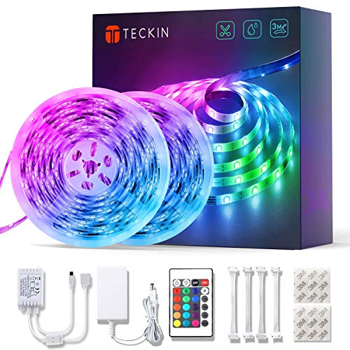 Tiras LED RGB de 10M, kit de 2 tiras marca TECKIN a prueba de agua con control remoto, ideal para TV, decoración de luces LED para el hogar, la cocina, la Navidad, etc., RGB 5050 con 16 colores.