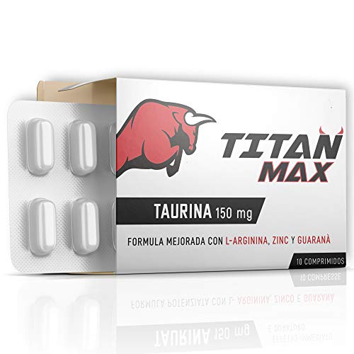 Titan Max [10 tabletas extrafuertes] | Potenciador de energía natural | Taurina 150 MG, Guaraná, L-Arginina, Zinc | Seguro y certificado