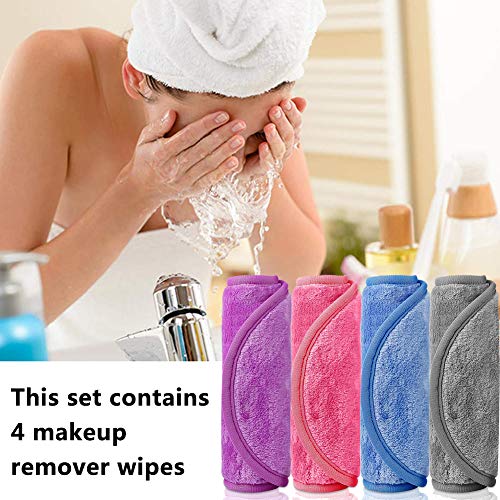 Toallita Desmaquillante Facial,BETOY 4 Piezas Toalla Desmaquillante Cara Makeup Remover Cloths Guante Desmaquillantes Lavable y Reutilizable Para Todo Tipo de Pieles, Azul/Morado/Gris/Rosa Rojo