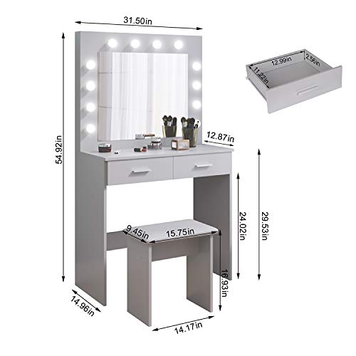 Tocador Mesa de Maquillaje con Hollywood LED Espejo, 2 Cajones Grandes y Taburete, 80x40x140cm