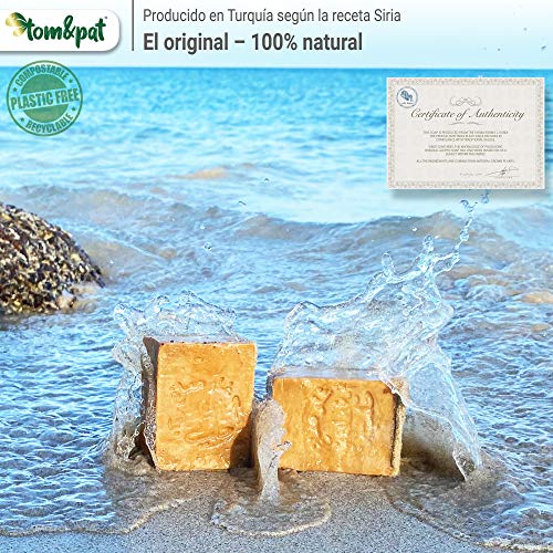 tom&pat® Jabón de Alepo Original (2x 200g) + eBook: Jabón Natural DIY, 80/20% aceite de oliva/laurel, jabón para la ducha, jabón para el cabello, jabón de manos, PH valor 8, desintoxicantes