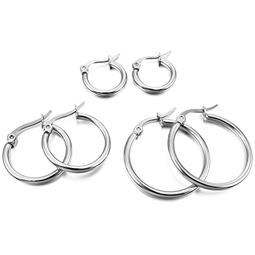 TOOGOO 3 pares 15mm 20mm 25mm Acero Inoxidable Aro Hoop Huggie Pendientes Conjunto Mujer Plata