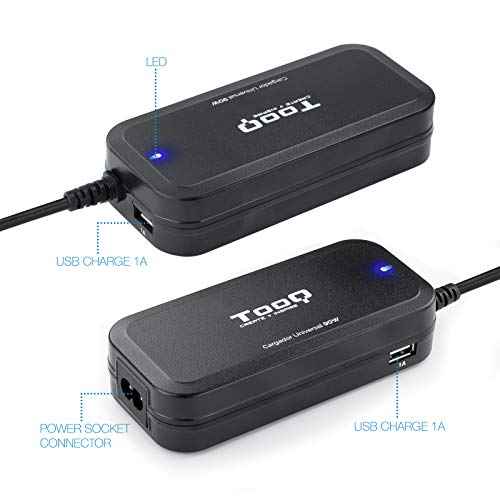 TooQ TQLC-90BS02AT - Cargador Universal automático de 90W para Ordenador portátil, Salida 2xUSB para Cargar Dispositivos, Incluye 12 Conectores Intercambiables DC, Multitensión, Negro