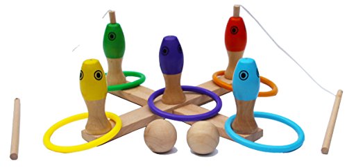 TOWO Juguetes de Madera Quiots - Juego de punteria: Juego de Lanzamiento de Anillos, Juego de Pesca y Juego de Bolos - Juegos Deportivos 3 en 1 para 3 años y mas - Juego de Habilidad para Niños