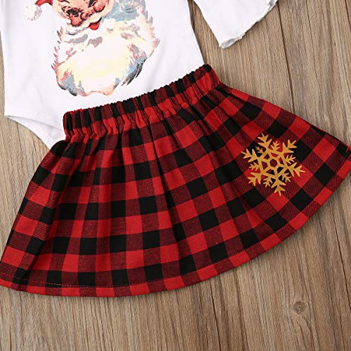 Traje Navidad de Bebé Niña 3 Piezas Conjunto para Recién Nacido de Mameluco de Manga Volante con Estampado de Papá Noel Falda Rojo a Cuadros Diadema Ropa Invierno de Algodón para Bebés (0-18 Meses)