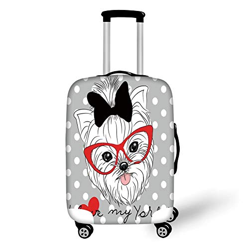 Travel Luggage Cover Suitcase Protector,Yorkie,Tilted Head Terrier I Love My Yorkie Red Nerd Glasses Love Heart Polka Dots,Black White Red，for Travel,L