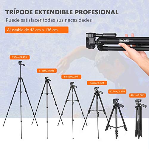 Trípode de Cámara (40.5cm-136cm), 5 en 1 Trípode Ligero de Aluminio, Trípode Plegable con Soporte de Móvil y Bolsa de Transporte, TACKLIFE - MLT01