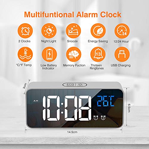 tronisky Reloj Despertador Digital, LED Reloj Despertador Electrónico con Espejo Pantalla, 2 Alarmas y Función Snooze, Temperatura, 12/24 Horas, USB Recargable, 4 Brillo Ajustable - Plata