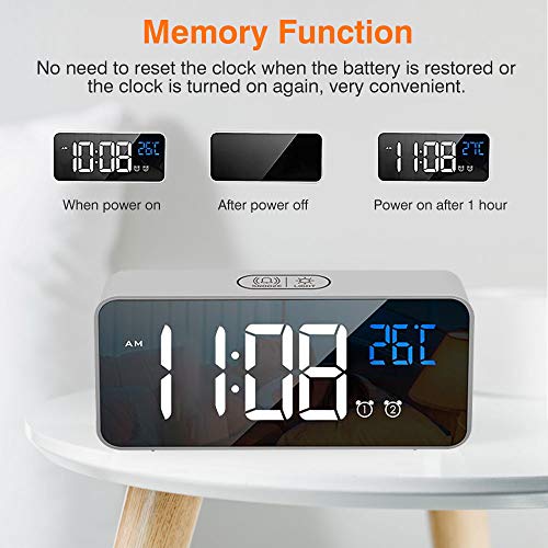 tronisky Reloj Despertador Digital, LED Reloj Despertador Electrónico con Espejo Pantalla, 2 Alarmas y Función Snooze, Temperatura, 12/24 Horas, USB Recargable, 4 Brillo Ajustable - Plata