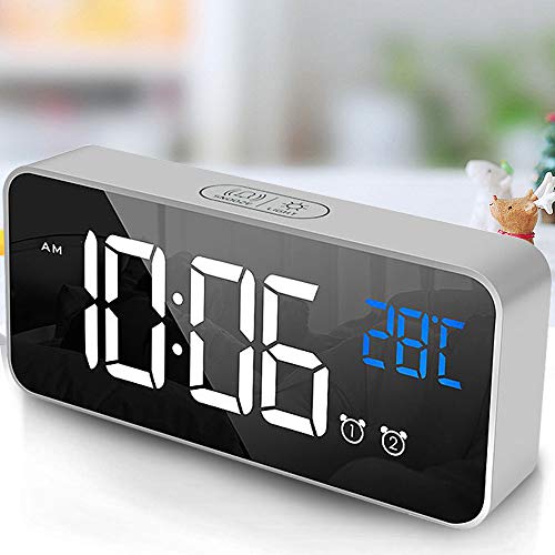 tronisky Reloj Despertador Digital, LED Reloj Despertador Electrónico con Espejo Pantalla, 2 Alarmas y Función Snooze, Temperatura, 12/24 Horas, USB Recargable, 4 Brillo Ajustable - Plata