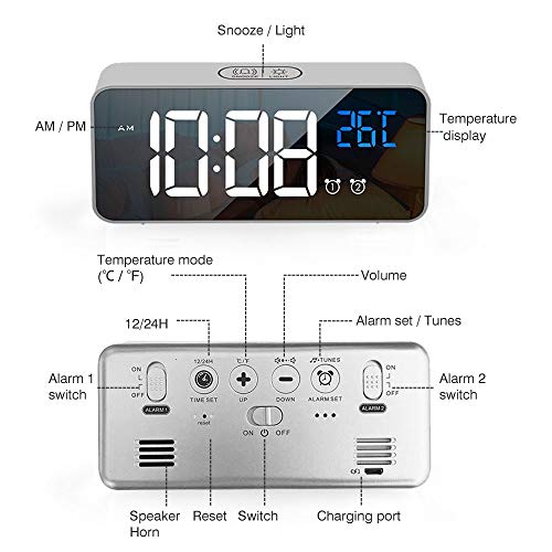 tronisky Reloj Despertador Digital, LED Reloj Despertador Electrónico con Espejo Pantalla, 2 Alarmas y Función Snooze, Temperatura, 12/24 Horas, USB Recargable, 4 Brillo Ajustable - Plata