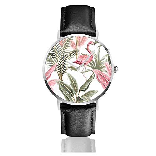 Tropical Vintage Pink Flamingo Banana Trees Animales Movimiento de Cuarzo Negro Acero Inoxidable Correa de Cuero Relojes Relojes de Pulsera