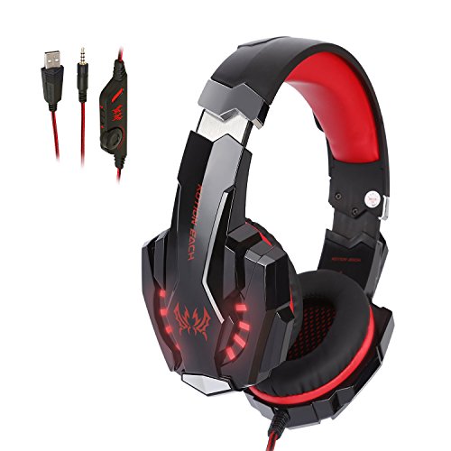 Tsing Auriculares Gaming Cascos PS4, Micrófono Control de Volumen LED Luz 3.5mm Jack, Reducción de ruido, PC/Xbox One/Nintendo Switch/Móvil/Tablet, Rojo(Tiene un adaptador）